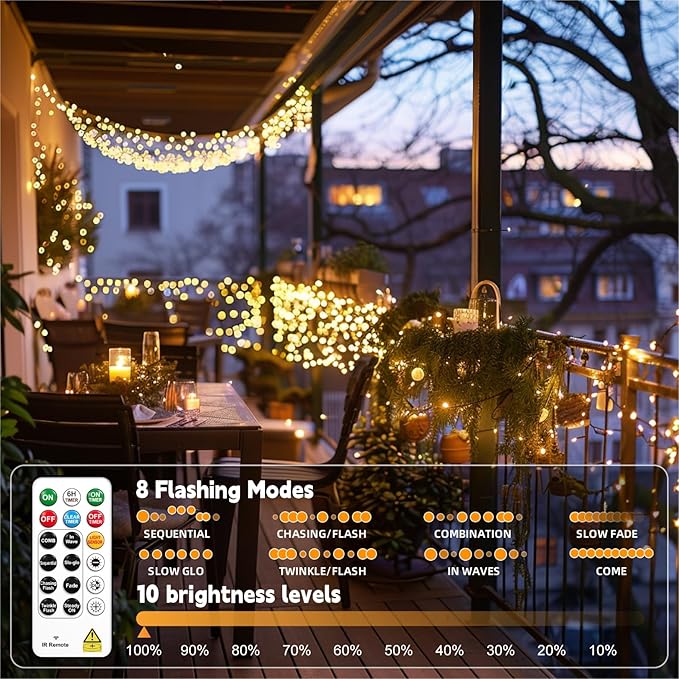 HXWEIYE Rechargeable Fairy Lights with Remote, 66ft 200 LED Twinkle Lights with DIY Timer & Light Sensor, Waterproof Outdoor String Lights for Bedroom Patio Christmas Tree Decor, Warm White
