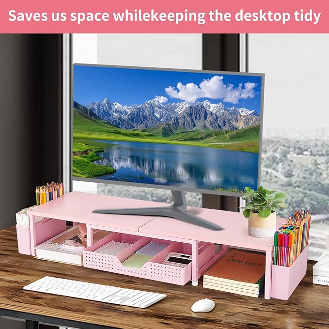 OPNICE Desk Organizers and Accessories, Dual Monitor Stand Riser with Drawer and 2 Pen Holders, Desk Shelf Wood Computer Racks for Office Workspace Organizers, Desktop Organization (White Wood)