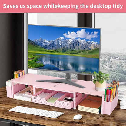 OPNICE Desk Organizers and Accessories, Dual Monitor Stand Riser with Drawer and 2 Pen Holders, Desk Shelf Wood Computer Racks for Office Workspace Organizers, Desktop Organization (White Wood)