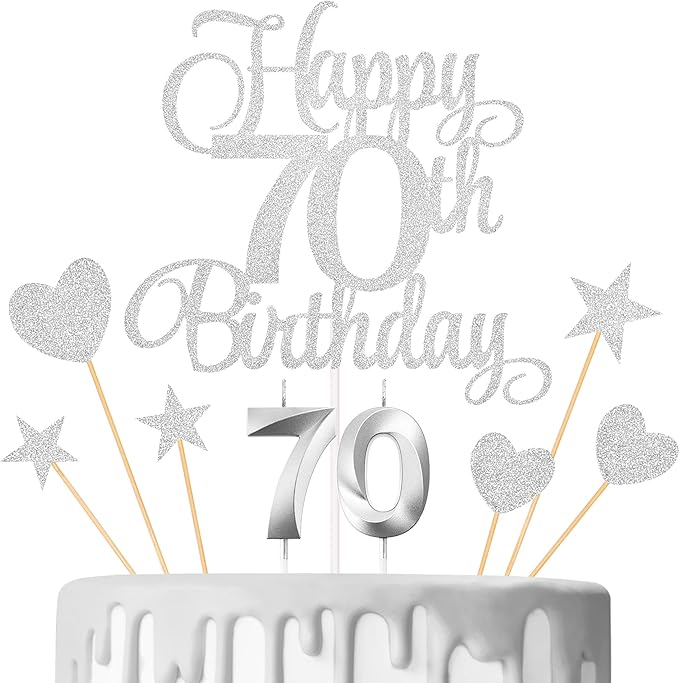 70th Birthday Cake Decorations, 70th Birthday Candles Cake Numeral Candles and Glitter Happy 70th Birthday Cake Toppers Set for Birthday Party Supplies (Silver)