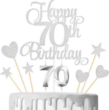 70th Birthday Cake Decorations, 70th Birthday Candles Cake Numeral Candles and Glitter Happy 70th Birthday Cake Toppers Set for Birthday Party Supplies (Silver)