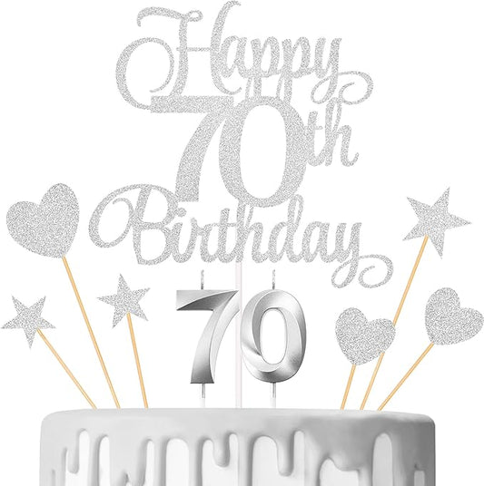 70th Birthday Cake Decorations, 70th Birthday Candles Cake Numeral Candles and Glitter Happy 70th Birthday Cake Toppers Set for Birthday Party Supplies (Silver)