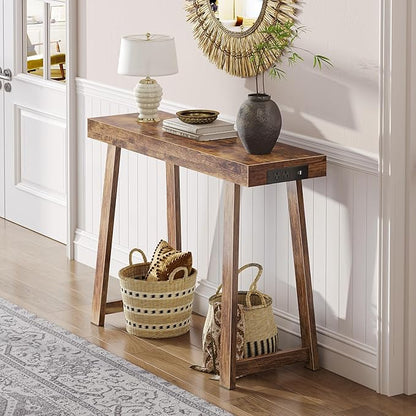Huuger Entryway Console Table with Charging Station, USB-C Port, 39.4 Inch Sofa Table with Metal Legs, Entry Hallway Table with Thicker Desktop, Modern Behind Couch Table, Rustic Brown