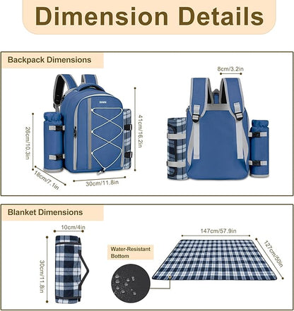 Picnic Backpack for 4 Persons with Insulated Leakproof Cooler Compartment, Cutlery Sets, Wine Holder, Fleece Blanket, Wedding Gifts for Couples, Perfect for Beach, Camping, Hiking, Blue