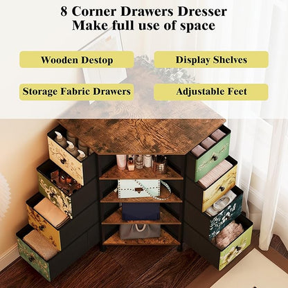 LUMTOK 8 Drawers Corner Dresser with Storage Fabric Drawers and Open Shelves for Small Space，Bedroom，Entryway，Living Room (Retro Pattern)