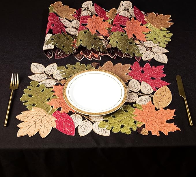 KEVA Fall Placemats Set of 4, 13inch x 19inch, Fall Decorations for Home Kitchen Dining Table, Thanksgiving Harvest Autumn Maple Leaves Embroidered Placemats