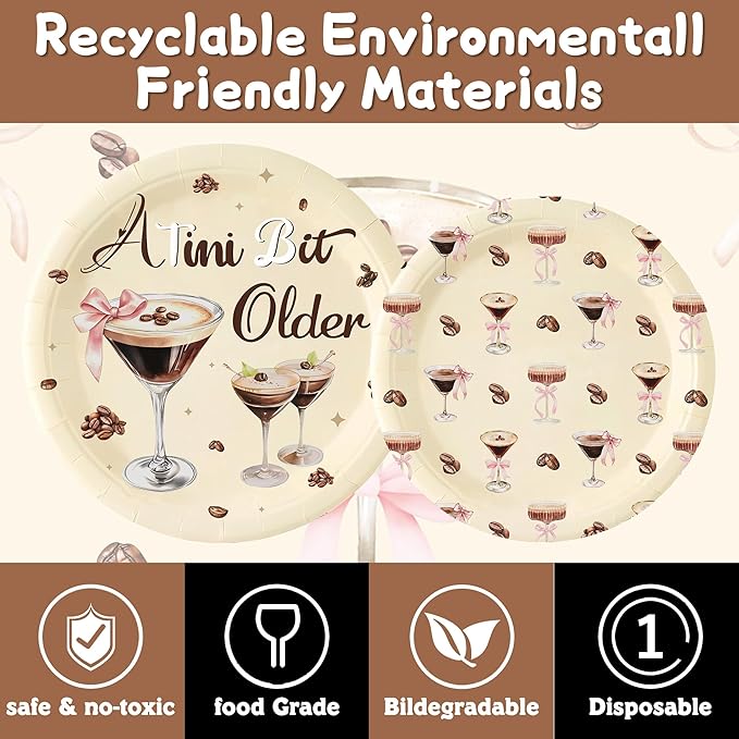 140 Pcs a Tini Bit Older Birthday Party Supplies Bow Decorations Espresso Martini Paper Plates Napkins Cups Knives Forks and Spoons ，Dinnerware for Birthday Wedding Decoration Serves 20
