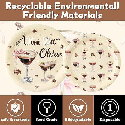140 Pcs a Tini Bit Older Birthday Party Supplies Bow Decorations Espresso Martini Paper Plates Napkins Cups Knives Forks and Spoons ，Dinnerware for Birthday Wedding Decoration Serves 20