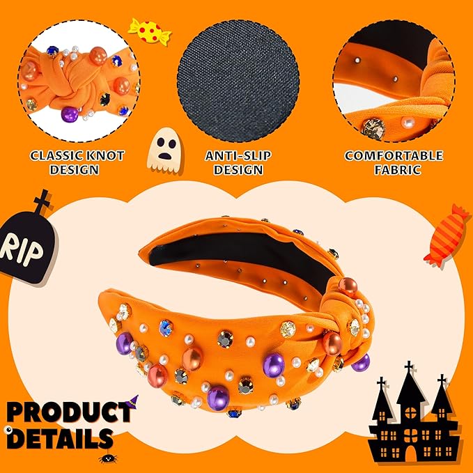 Halloween Pearl Knotted Headband for Women Girls Non Slip Rhinestone Embellished Hair Hoop Halloween Headbands Hair Accessories Gift (Orange)