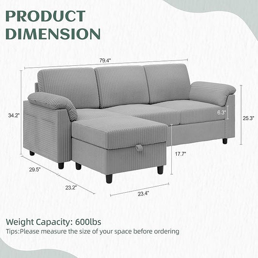 Vongrasig 79" Convertible Sectional Couch Sofa with Storage Ottoman, 3 Seat L Shaped Couch with Side Storage Pockage, Small Couches for Living Room, Apartment and Small Space (Light Grey)