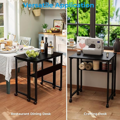 GreenForest Folding Desk Small Rolling Desk with Storage Shelf,24.8 inch Foldable Computer Desk with Wheels for Small Space,Easy Assembly,Black