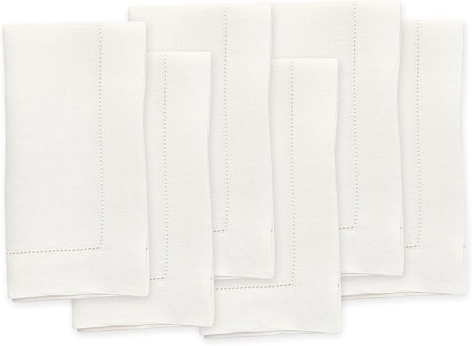 Solino Home Ivory Linen Napkins Set of 6-100% Pure Linen Hemstitch Dinner Napkins 20 x 20 Inch for Fall, Autumn, Christmas, Holiday, New Year - Classic Hemstitch