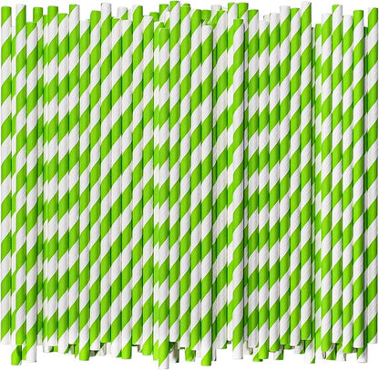 [1000 Count] 7.75 Inch Green/White Striped Paper Drinking Straws Bulk, 100% Biodegradable