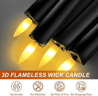 12PCS Flameless Taper Candles with 3D Flickering Flame Battery Operated Candles with 2 Remote with Button Cell Battery 10 Inch Black LED Candlesticks Window Candle for Christmas Home Decor