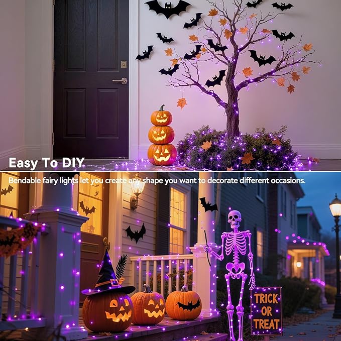 4 Pack 240LED Halloween Fairy Lights Battery Operated - 20FT Twinkle Lights with 2 Lighting Modes Indoor Outdoor, Waterproof Led Fairy String Lights for Christmas, Bedroom, Dorm, DIY Decor, Purple