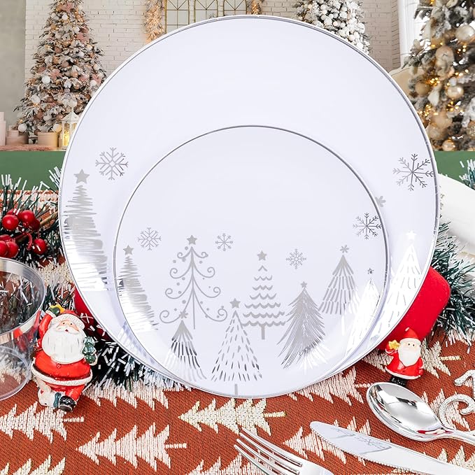Liacere 175PCS - Silver Christmas tree Plastic Plates-Christmas and Napkins Sets Include 50 Plastic Plates,75 Silver Silverware，25 Cups 25 Napkins