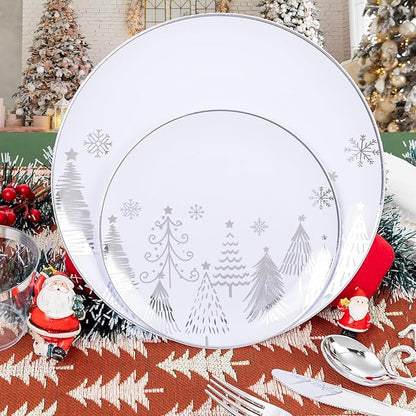 Liacere 175PCS - Silver Christmas tree Plastic Plates-Christmas and Napkins Sets Include 50 Plastic Plates,75 Silver Silverware，25 Cups 25 Napkins