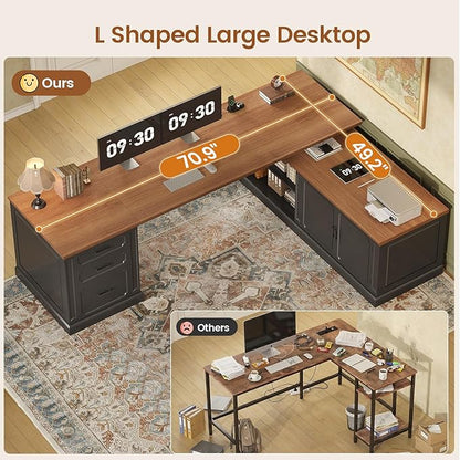 SEDETA Farmhouse L Shaped Desk with Drawers, 70.9" Home Office Desk with Storage Cabinet and Storage Shelves, L Shaped Computer Desk with Power Outlet，Black
