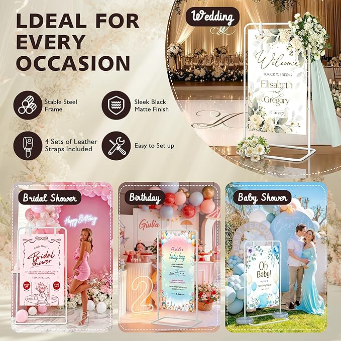 Jolitac Wedding Welcome Sign Holder, Adjustable Wedding Sign Stand Leather Hanging Straps & Design Bundle Heavy Duty Metal Easel Stand for Seating Charts, Bridal Showers, Birthday Party Displays