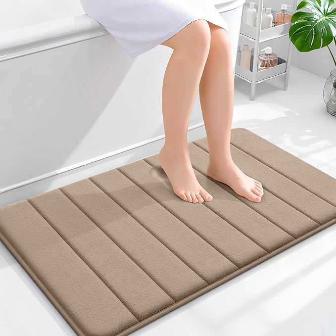 OLANLY Memory Foam Bath Mat 36x24, Super Soft Absorbent Bathroom Rugs, Quick Dry, Machine Washable Shower Floor Rugs, Bathmat Carpet, Bathroom Home Decor Accessories, Tan