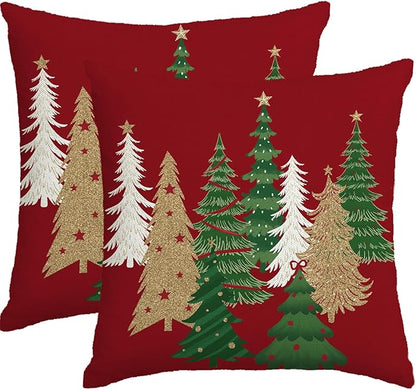 Christmas Pillow Covers 18x18 Inch Set of 2 Red Decorative Christmas Tree Throw Pillows Linen Winter Holiday Decor for Home Sofa Couch Bed Chair