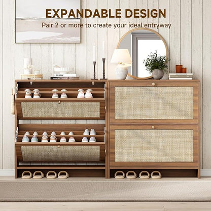 Nicetree Shoe Cabinet Storage for Entryway, 2-Flip Drawer Narrow Shoe Rack, Organic Modern Rattan Shoe Organizer with Gold Legs, Shoe Organizer Fits Men's Size 13.5, Toasted Caramel Walnut
