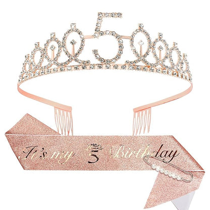 CIEHER 5th Birthday Crown + It's My 5th Birthday Sash + Pearl Pin Set, 5th Birthday Decorations Girl 5th Birthday Gifts for Girls 5 Year Old Birthday Cake Topper, Happy 5th Birthday Party