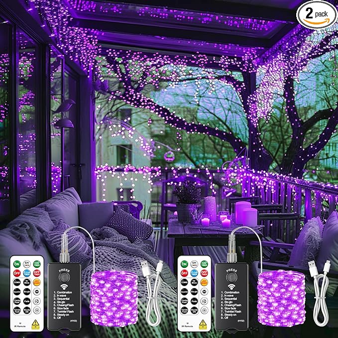 HXWEIYE Rechargeable Fairy Lights with Remote, 2 Pack 33ft 100LED Twinkle Lights with DIY Timer & Light Sensor, Waterproof Outdoor String Lights for Bedroom Patio Christmas Tree Decor, Purple