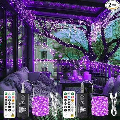 HXWEIYE Rechargeable Fairy Lights with Remote, 2 Pack 33ft 100LED Twinkle Lights with DIY Timer & Light Sensor, Waterproof Outdoor String Lights for Bedroom Patio Christmas Tree Decor, Purple