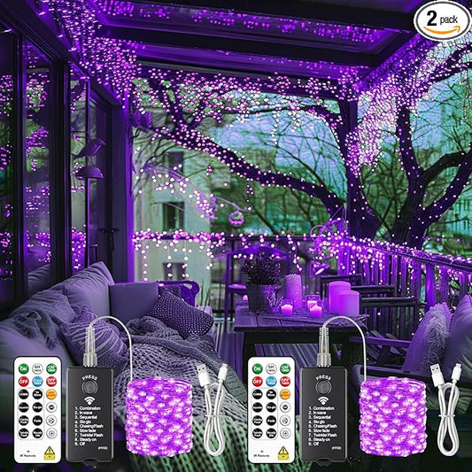 HXWEIYE Rechargeable Fairy Lights with Remote, 2 Pack 33ft 100LED Twinkle Lights with DIY Timer & Light Sensor, Waterproof Outdoor String Lights for Bedroom Patio Christmas Tree Decor, Purple