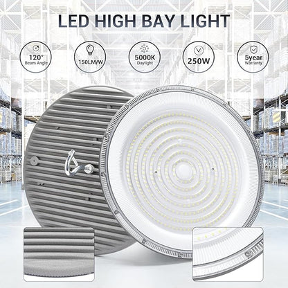 15 Pack 250W UFO Led High Bay Light,120VAC,5000K Daylight Commercial Bay Lighting,IP66 Waterproof,41050LM,1150W MH/HPS with Plug Area Lighting for Warehouse/Shop/Workshop/Barn/Gym/Factory