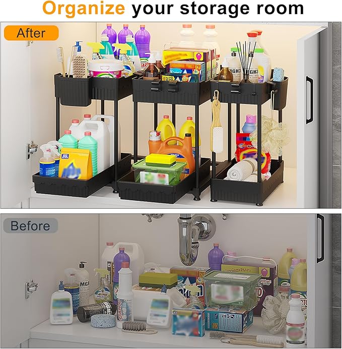 3 Pack Under Sink Organizers, 2-Tier Multi-Use Kitchen and Bathroom Organizers and Storage with Sliding Drawers, Bathroom Cabinet Organizer (Black, 14.8 Inch)
