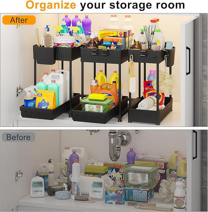 3 Pack Under Sink Organizers, 2-Tier Multi-Use Kitchen and Bathroom Organizers and Storage with Sliding Drawers, Bathroom Cabinet Organizer (Black, 14.8 Inch)