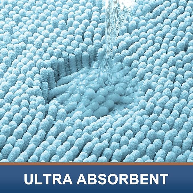 Smiry Luxury Chenille Bathroom Rugs 47x17, Extra Soft and Absorbent Shaggy Bath Mat, Machine Washable, Non-Slip Plush Carpet Runner for Tub, Shower, and Floor, Home Decor Accessories, Sky Blue