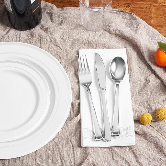 175 Pcs Silver Disposable Plates for 25 Guests, Disposable Plastic Plates, Dinnerware Set Include 25 Dinner Plates, 25 Salad Plates,25 Cups, 25 Paper Napkins for Party, Wedding, Thanksgiving