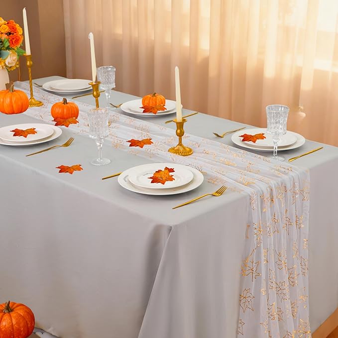 Snowkingdom 10ft Fall Table Runner, Gold Maple Leaves Thanksgiving Table Decorations, White Gauze Chiffon Sheer Cheesecloth Runner for Autumn Harvest Glitter Sparkle Dining Party Decor 120 Inches