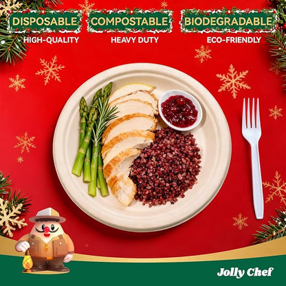 JOLLY CHEF Compostable Heavy Duty Plates 9 Inch [300 Pack] Eco-Friendly Disposable Natural Paper Plates Bagasse Biodegradable Bulk for Party Dinner Sugarcane Fibers Lunch Christmas (Brown)