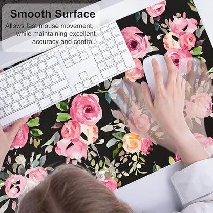 QIYI Large Mouse Pad, Floral Desk Mat for Desktop, Women Girls Watercolor Pink Flowers Office Décor Desk Accessories, PU Leather Waterproof Gaming Mousepad, Black Desk Pad Computer Mat, 31.5" x 15.7"