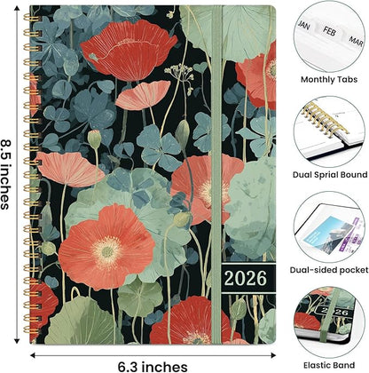 2026 Planner, Weekly and Monthly Planner for Women, Jan 2026 - Dec 2026 Pretty 2026 Calendar Planner with Monthly Tabs, Inner Pocket, Spiral Binding, Perfect for Office Home School - 6.3" x 8.5", Poppy Garden