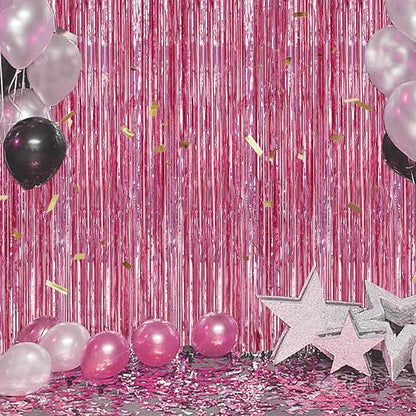 3 Pack Foil Fringe Backdrop - Laser Pink Shiny Tinsel Curtains for Party Decoration/Photo Booth Props - 3.3x8.2 FT Metallic Foil Backdrop for Birthday, Wedding, Graduation, Christmas.