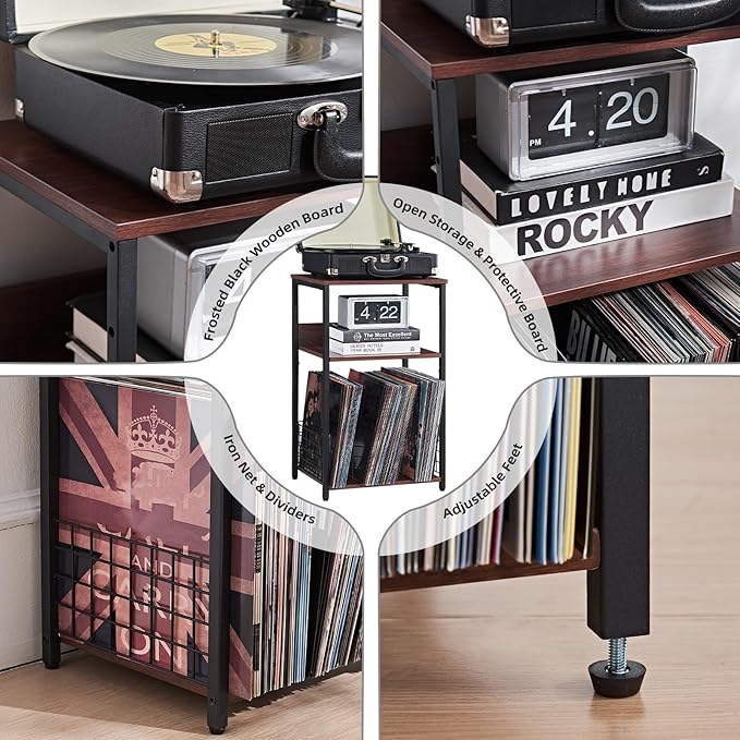 LELELINKY 3 Tier End Table,Record Player Stand with Storage Up to 100 Albums, Turntable Stand for Vinyl, Walnut Couch Nightstand Side Tables for Living Room Bedroom