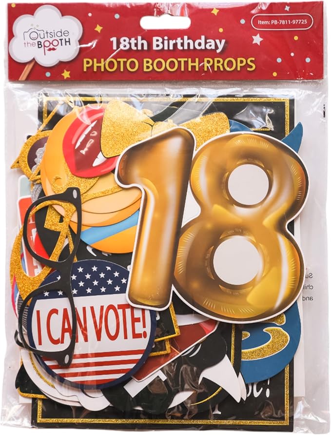 18th Birthday Photo Booth Props - 41-pc Photobooth Kit with 8 x 10-Inch Sign, 60 Adhesive Pads, 45 Sticks - 18th Birthday Decorations for Girls and Boys - 18 Photo Booth Props