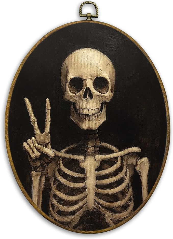 CUANFDDSF Funny Gothic Skeleton Oval Wall Art Decor, Gothic Moody Wall Hanging Decor, Spooky Dark Academia Skeleton Framed Canvas Prints for Home Bedroom Living Room, 8.6x11.4 Inch
