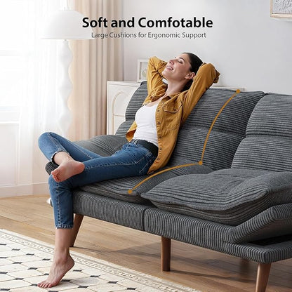 Pipishell Futon Sofa Bed, Convertible Futon Adjustable Backrest & Armrests, Corduroy Sleeper Couch for Small Spaces, Living Room, Office, Guest Room (Asphalt Grey, 66 Inch)