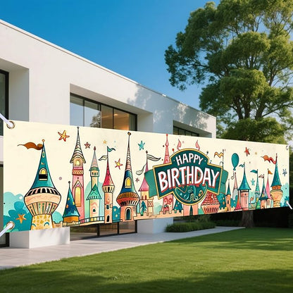 Nuxovilar Happy Birthday Banner Decorations 17.72x78.74 Inch Castle Theme - Polyester for Indoor Outdoor Birthday Party Decor