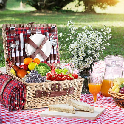 Wicker Picnic Basket for 4 with Waterproof Picnic Blanket and Insulated Cooler, Willow Hamper for Camping, Outdoors, Photoshoot, or a Birthday, Valentine’s Day, Wedding Gift