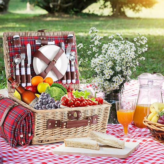 Wicker Picnic Basket for 4 with Waterproof Picnic Blanket and Insulated Cooler, Willow Hamper for Camping, Outdoors, Photoshoot, or a Birthday, Valentine’s Day, Wedding Gift