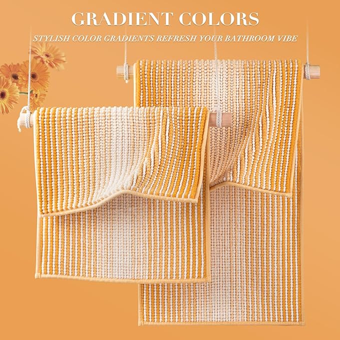 BSICPRO Bathroom Rugs and Mats Sets, 2 Piece Thick Absorbent Chenille Non Slip, Soft Shaggy Floor Mats, Machine Washable (Buff Orange, 20" x 47" Plus 16" x 24")