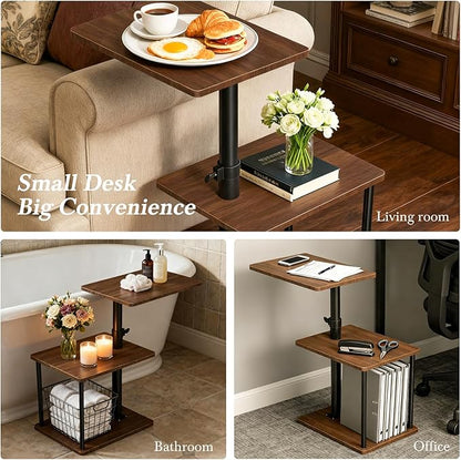Swivel Side Table for Couch Arm, Adjustable C End Table for Recliner or Bed, Tv Trays with Storage Shelf for Small Spaces Small Nightstand Table for Living Room, Bedroom，Walnut 2pc