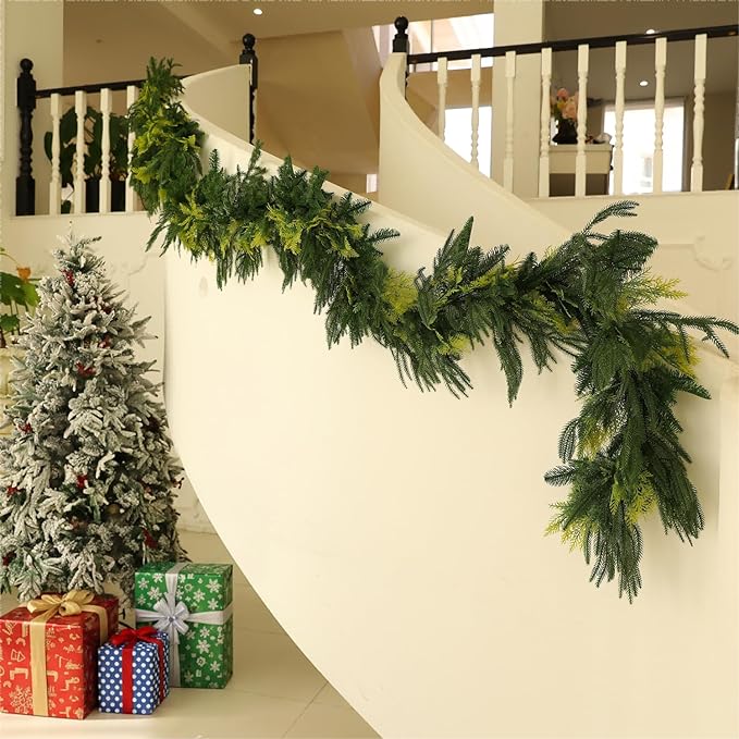 Norfolk Pine Garland Artificial Real Touch Green Thick Cedar Cypress Spruce 6FT Greenery Christmas Decor for Mantle Fireplace Wall Table Railings Indoor Outdoor Xmas Decorations